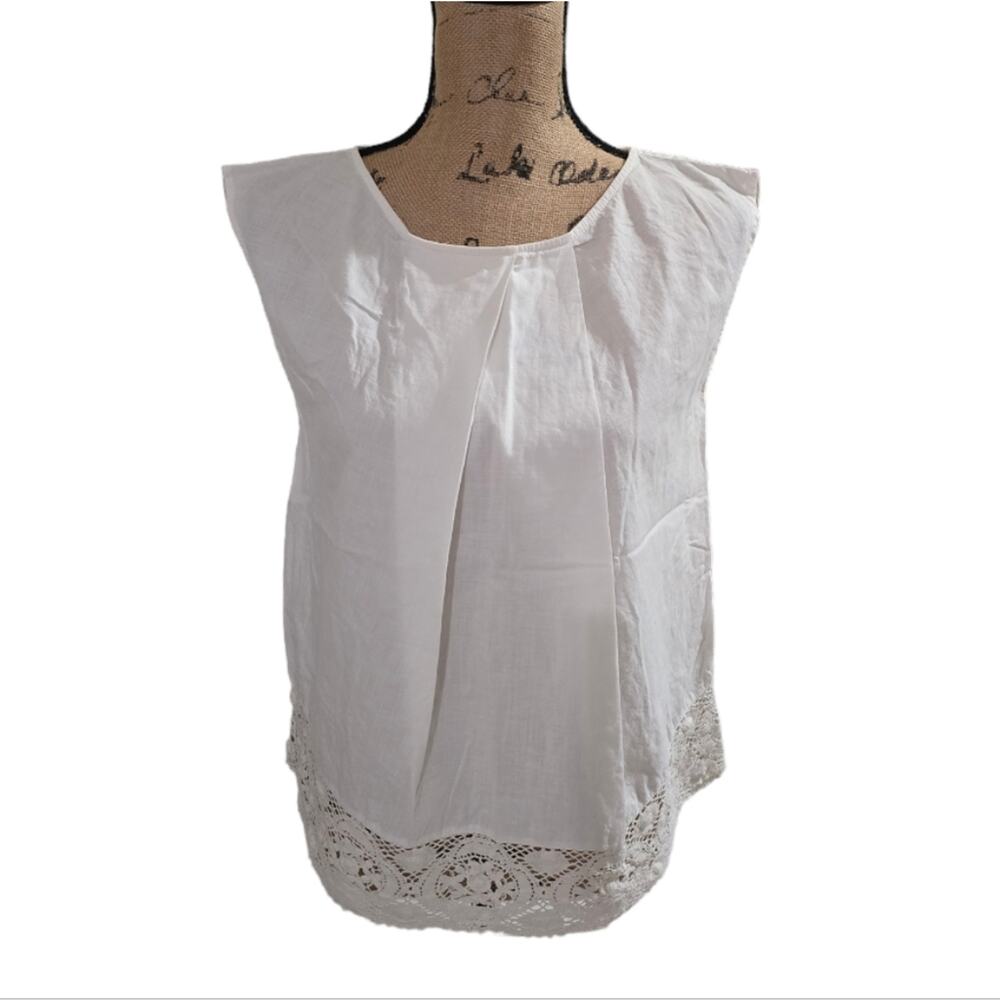 Anagram White Cap Sleeve Pleated Lace‎ Trim Shirt Size Small